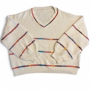 🌈 Oversized white knit sweater with rainbow stitching 🌈